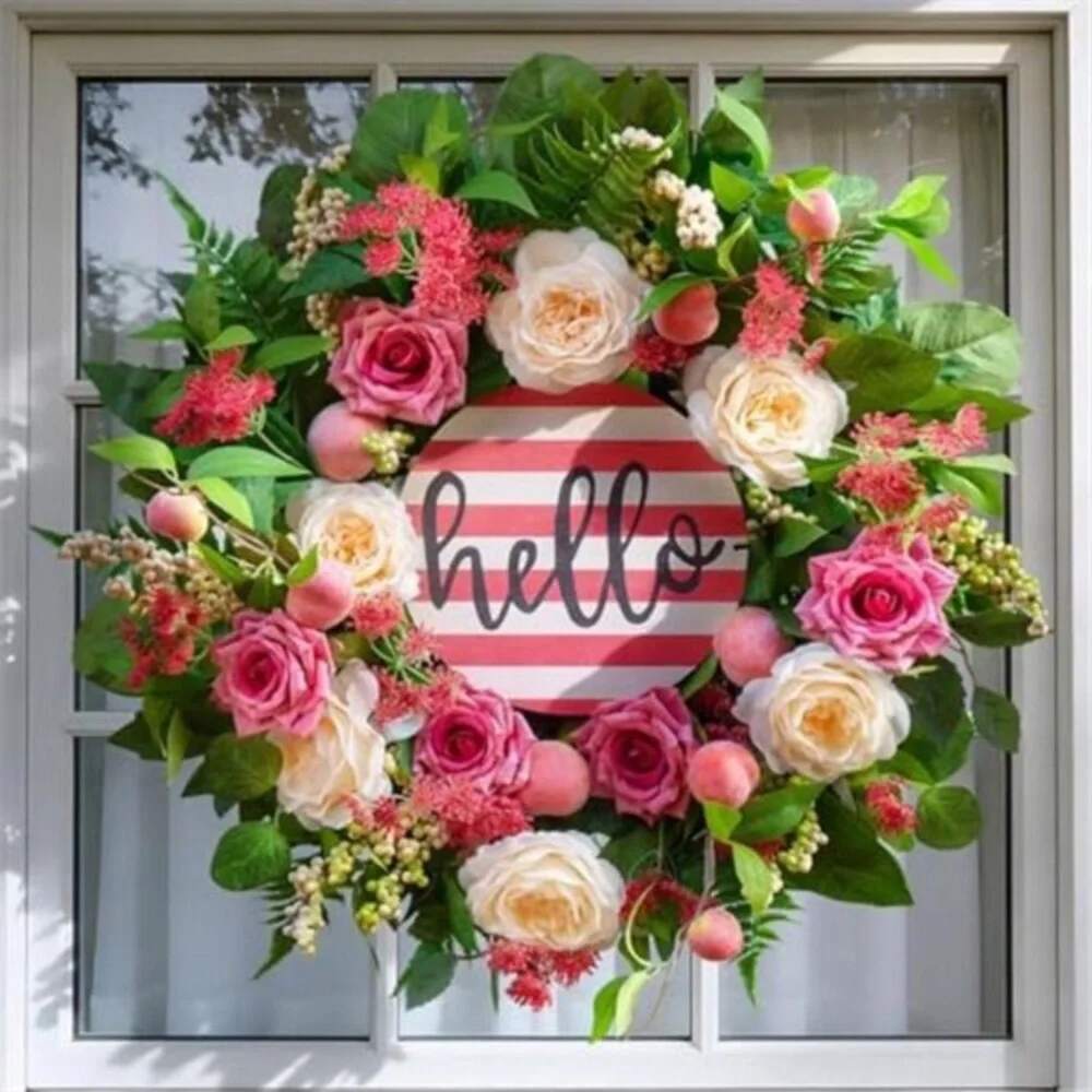 Spring Wreath Peony & Rose Floral Summer Wreath with Pink Peach, 24 Inch new
